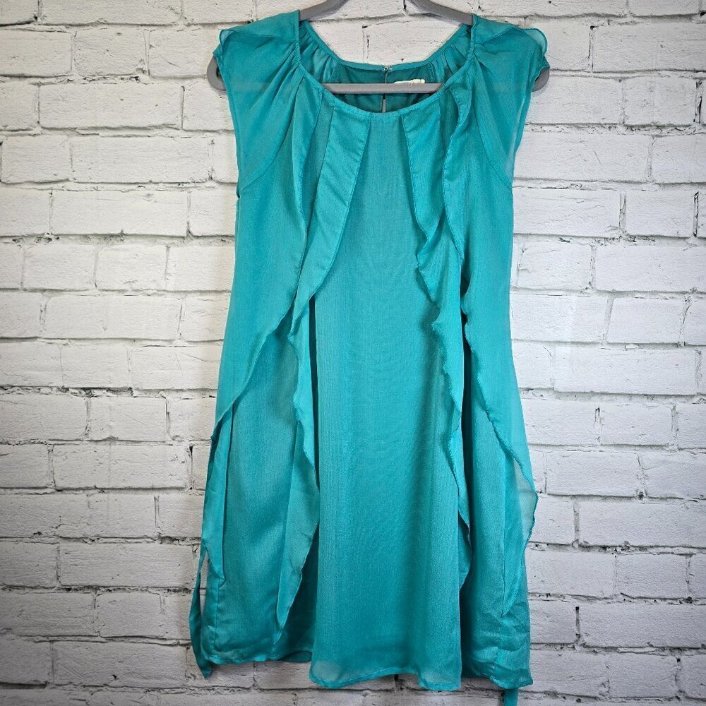 TULLE ANTHROPOLOGIE TEAL MIDI DRESS VERICAL RUFFLES SHIFT LINED SLEEVLESS SIZE S